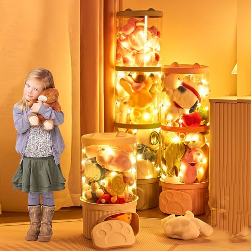 Tubo de almacenamiento transparente para animales de peluche con tapa y cadena de luces LED, apilable, grande, caja de juguetes para juguetes de peluche, verde, 107 cm
