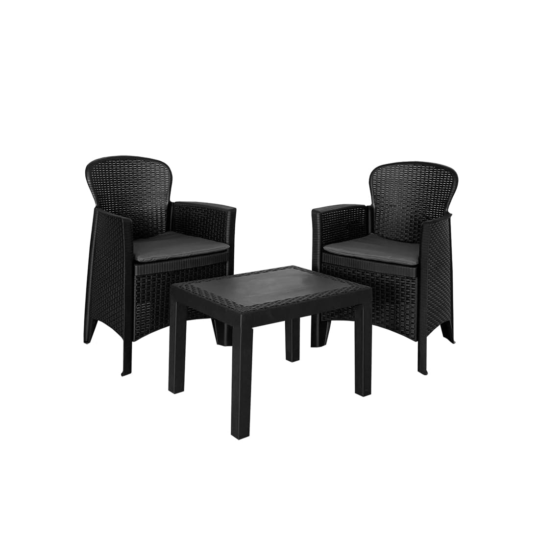 Acomoda Textil - Conjunto de Jardín con 2 Sillones + Mesa de Polipropileno Resistente Rayos UV, Decorativo y Ligero. Set Asiento con Cojín para Exterior en Terraza, Patio o Balcón de Fácil Instalación