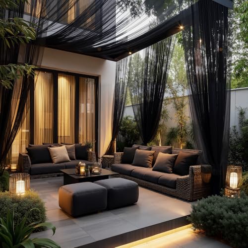 NICETOWN 2 Panels Black Outdoor Mosquito Curtains for Patio Waterproof, Rod Pocket Airy Mesh Net Sheer Curtains Privacy Mosquito Shield with DIY Adjus