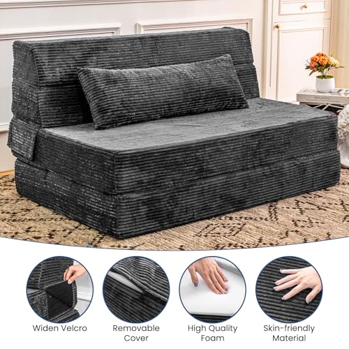 Folding Sofa Bed, Convertible Sleeper Chair with Pillow, High Density Memory Foam Fold Out Couch, Foldable Mattress Futon Sofa for Living Room/Dorm/Guest Use/Apartment/Home Office