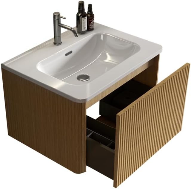 24" Floating Bathroom Vanity with Sink Modern Fluted Bathroom Vanity Set with White Ceramic Basin &Storage Drawer Wall Mounted Vanity Sink Cabinet for Small Space,Natural Oak