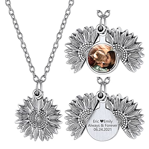 GoldChic Porta Foto Girasol Que se Abre Colgante Guardapelo Llevar Foto Perro Gato Regalo para Novia Hija, Collar Foto Personalizado Mujer, Platino