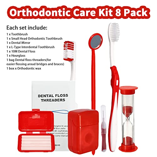 Image of Braces Cleaning Kit for Teeth , Portable Orthodontic Toothbrush Kit Oral Care Dental Travel Kit - Interdental Brush Dental Wax Dental Floss Toothbrush Box (Red)