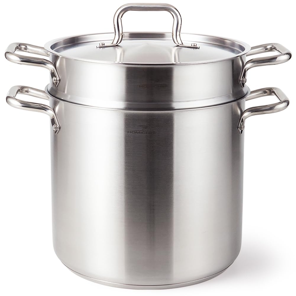 HOMICHEF Pentola per pasta in acciaio inox senza nichel da 13 litri, con colino e coperchio – Cestini in acciaio inox di grado commerciale – Set di pentole a vapore a induzione lucidate opache da 13