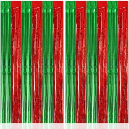 Image of 2 Pack Fringe Curtains Backdrops, Foil Fringe Curtains, Door Streamers for Birthday Wedding Bridal Shower Holiday Graduation Party Decorations Red Green