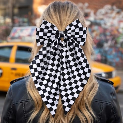 Clip para cabello grande en cuadros blanco y negro miniatura 7