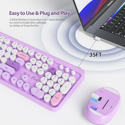 Image of Fogruaden Wireless Keyboard and Mouse Combo 2.4GHz Retro Typewriter Keyboard, 104 Keys Full Size Round Keycap Cute Keyboard and Mouse with Number Pad, Purple Colorful Keyboard for Windows PC Laptop