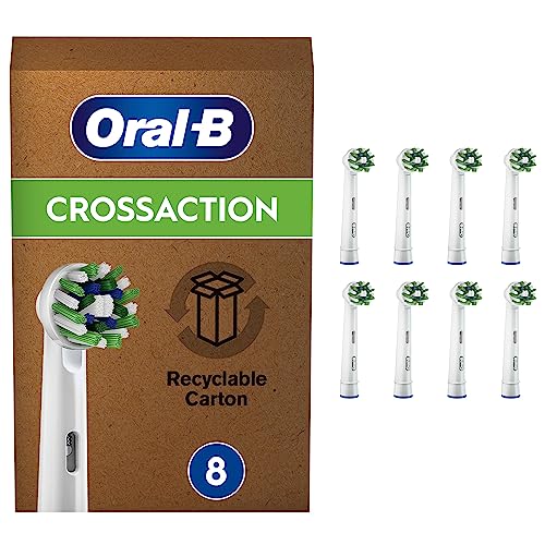 Oral-B Cross Action Electric Toothbrush Head with CleanMaximiser Technology, Angled Bristles for Deeper Plaque Removal, Pack of 8 Toothbrush Heads, Suitable for Mailbox, White (package may vary)