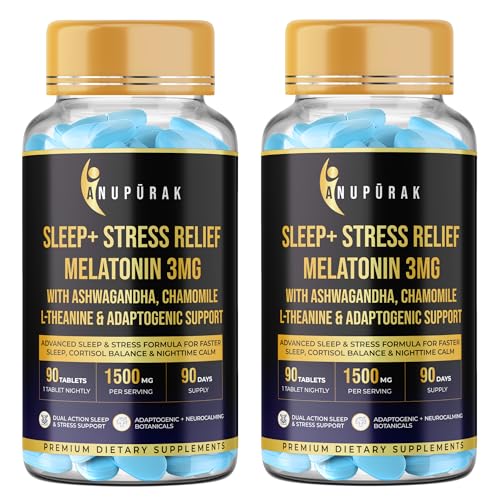 Image of Melatonin 3mg Sleep Support Tablets with Ashwagandha, 5-HTP, L-Theanine & Tagara - Non-Habit Forming Nighttime Formula - 180 Vegan Tablets
