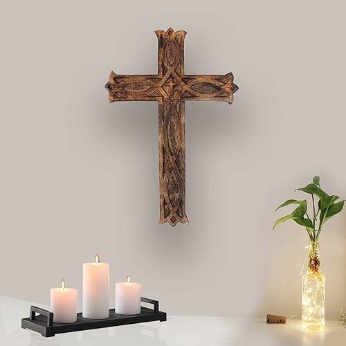 Miniatura 6 de Ajuny Cruz de pared decorativa de madera, larga para colgar a mano, tallada a mano, diseño floral, iglesia de Christan, montada en la pared,