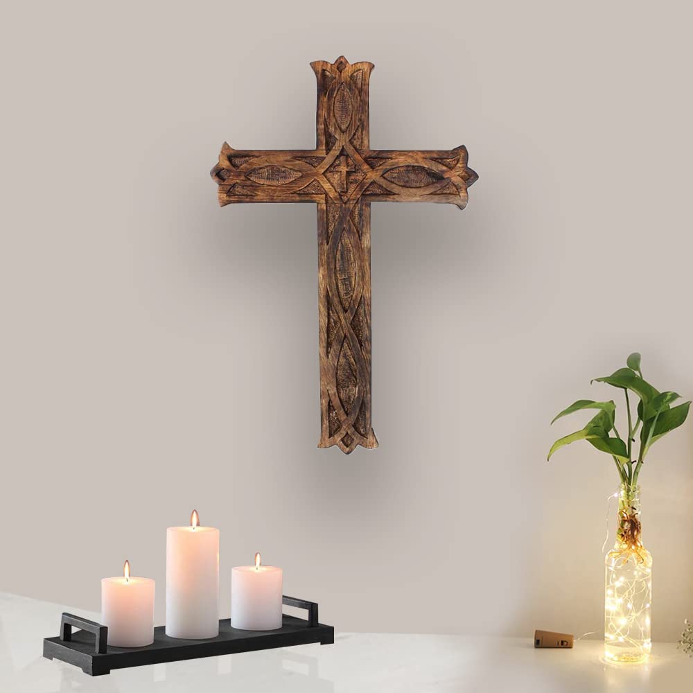 vepoty Croce da Parete in Legno, Design Antico, crocifisso da Appendere alla Parete, Croce Artigianale con Foro per la Decorazione della Parete della Chiesa Domestica