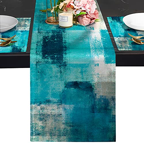 Modern Art Table Runner 72 inch Blue and Gray Abstract Paint Art Graffiti Tabletop Cover for Dinner, Dining Events, Weddings, Indoor and Outdoor Party Decoration（13"x72"）