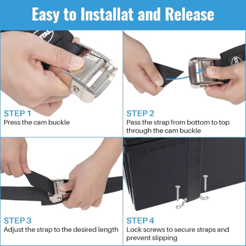 Image of EXVITAL Battery Tie Down Strap Hold Down Kit, 1.5 inch x 60 inch Cooler Tie Down Kit with Non-Rusting Cam Buckle, Stainless Steel Bracket & SS Screws for RV Battery,Luggage Belt (1 Pack)