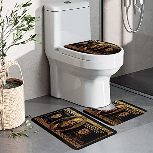JangXM 3 Pc Black Gold 100 Dollar Bill Rug Bath Mat Set Money Bathroom Rugs Sets Bath Mat Non Slip U-Shaped Contour Mat Toilet Lid Cover Sets Home Decor Shower Absorbent Washable Rugs 19.7