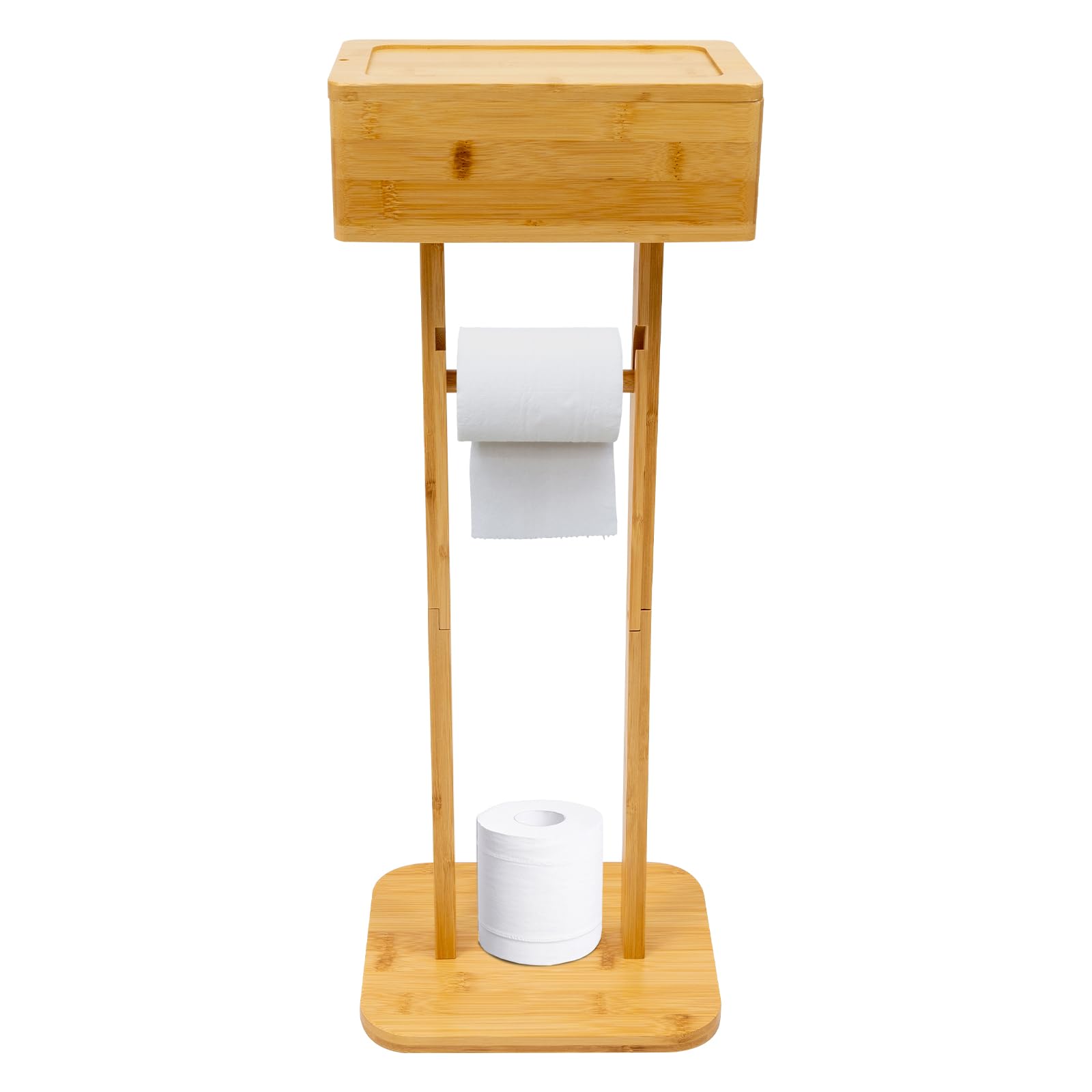 Portarrollos de papel higiénico de bambú con caja de almacenamiento, altura aprox. 65 cm, color natural, ahorra espacio para baño y WC, incluye estante y compartimento para rollos de repuesto con tapa