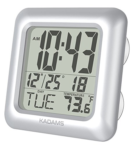 Kadams Bathroom Shower Digital Wall Clock - Water Resistant - Large Display Led Wall Clock - Seconds Counter - Temperature & Calendar Display - Suction Cup, Multiple Mounting Options (Silver) #TOP1