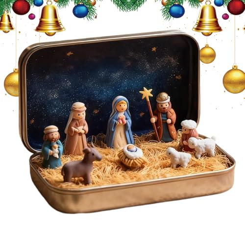 Juego De Figuras Del Nacimiento De Hojalata,Portátil Mini 3D Figuritas Sagradas Religioso - Figuras de Jesús Navideñas en Caja de Hojalata,Para el Hogar, el Salón, Dormitorio, la Oficina y Estan