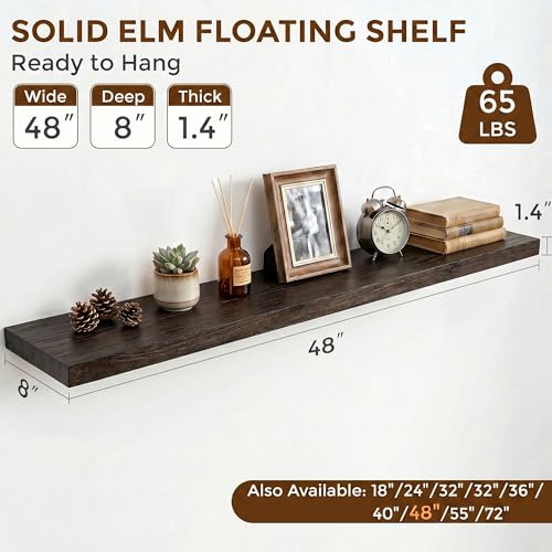 Image of Dreamland Rustic Elm Wood Floating Shelves for Wall Decor, 48 Inch Long Wooden Floating Shelves Wall Mounted, 8 Inch Deep Wall Shelf for Bathroom, Living Room, Kitchen, Bathroom, Walnut