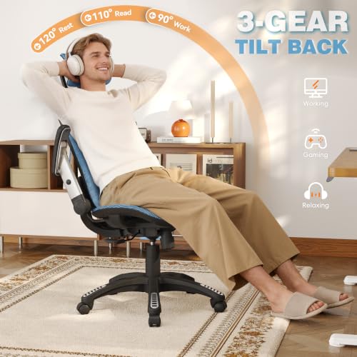 Image of GABRYLLY Ergonomic Office Chair, High Back Mesh Desk Chair with Adjustable Headrest, Flip-Up Arms, 90-120 Tilt Lock, Lumbar Support and Comfy Seat, Swivel Computer Task Chair, Blue