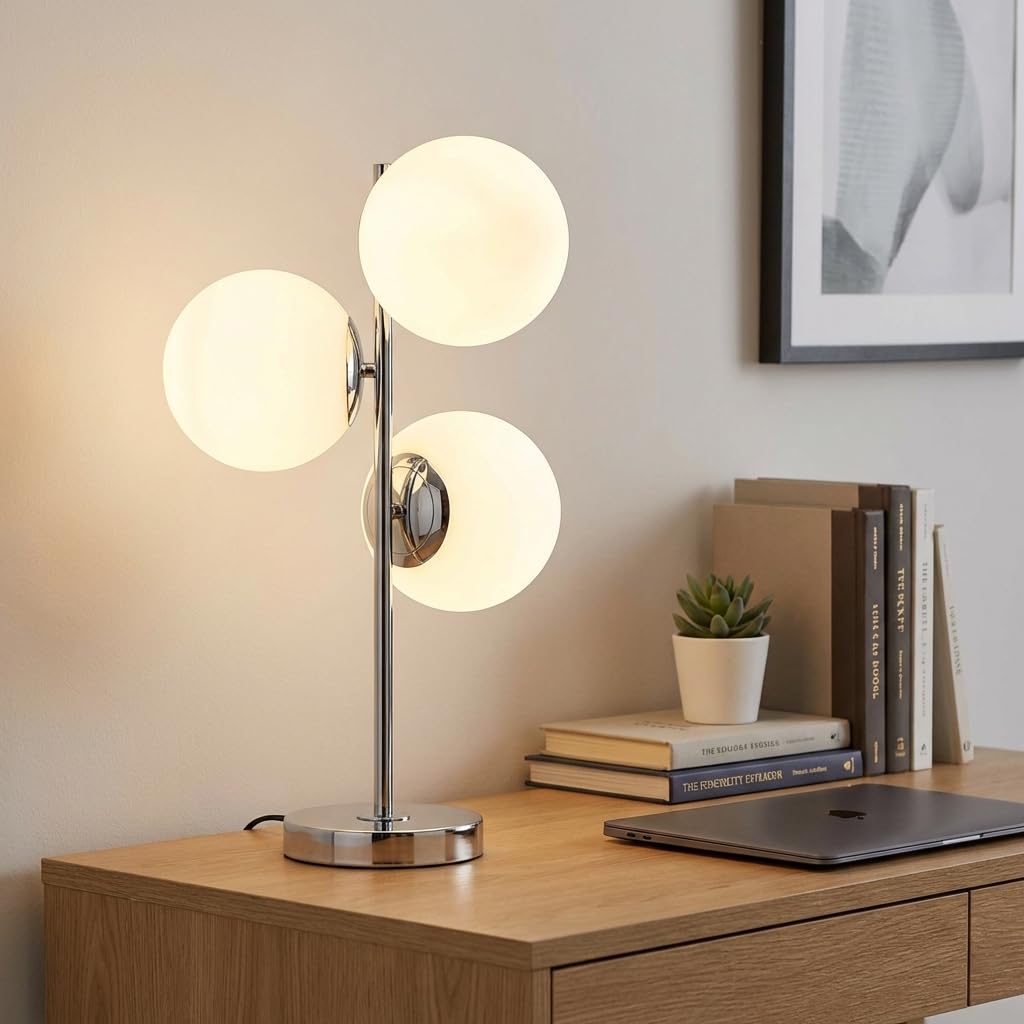 BARCELONA LED Lampa stołowa ROM z potrójną kulą z opalowego szkła Ø15 cm, nowoczesna konstrukcja kompatybilna z żarówkami E27, idealna do salonu, sypialni, biura, biurka i stylowego oświetlenia wnętrz