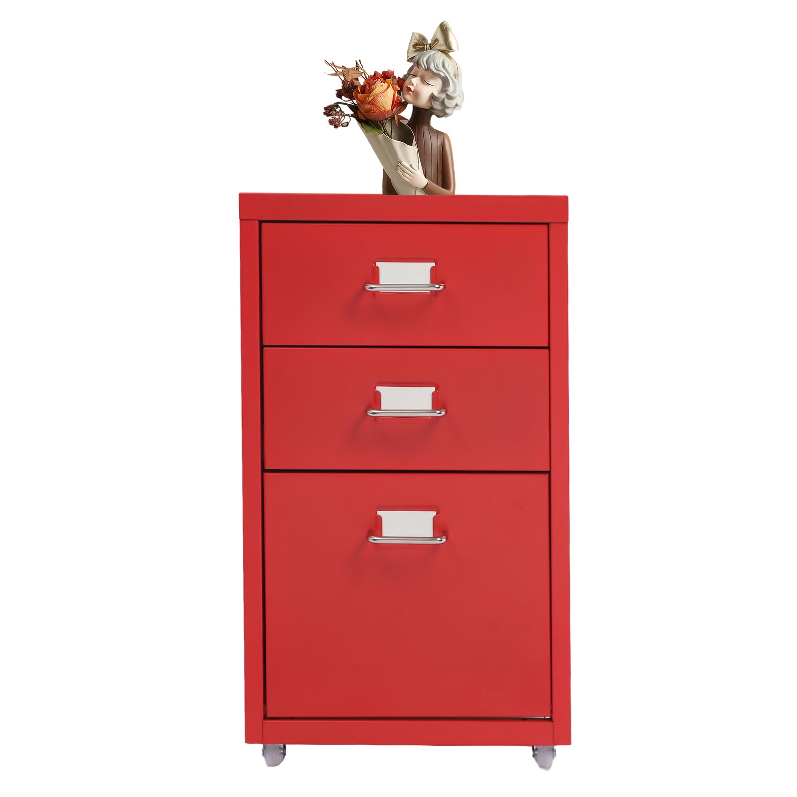 Aktenschrank mit 3 Schubladen Violetter Metall-Aufbewahrungsschrank 41x28x48 cm mit Rollen & Etikettenschlitz & U-förmigen Griffen Moderner mobiler Schrank für Zuhause & Büro (rot)