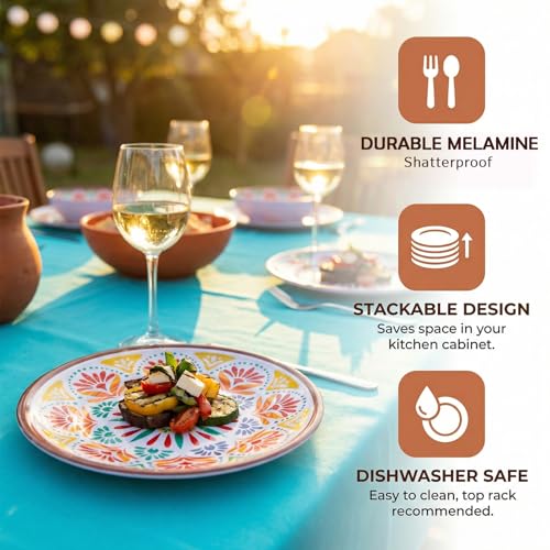 Image of 12-Piece Melamine Dinnerware Set,Service for 4, Durable Plate and Bowl, Floral Pattern Tableware for Parties & Home, Dinner Salad Dessert Plates, and Cereal Bowls Set,Housewarming Wedding Gift - Brown