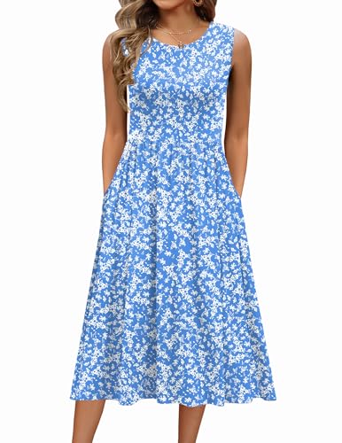 Zeagoo Womens Midi Dress Summer Floral Sundress with Pockets Sleeveless Casual Beach Sundress Aline Crewneck Loose Tank Shirt Dress M