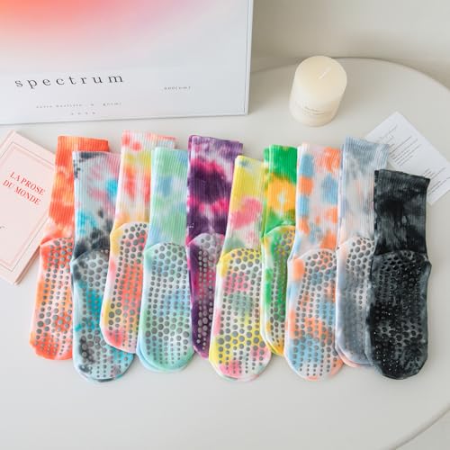 4 Pairs Women Yoga Socks with Grips,Tie Dye Non Slip Grip Crew Socks Colorful Grippy Socks for Barre Ballet Barefoot Workout4