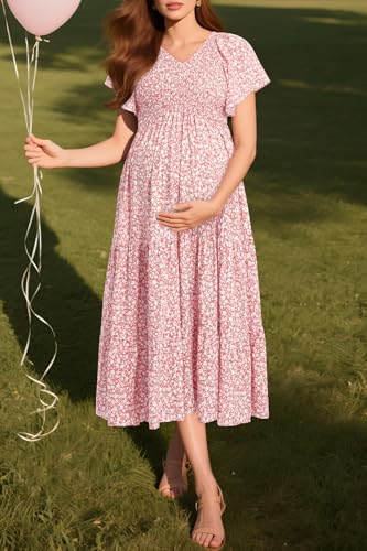 Image of Pinup Fashion Maternity Summer Dress Baby Shower Easter Pregnancy A-Line | Smocked V-neck, flutter sleeves, breathable floral fabric, bump friendly, perfect for photoshoot, spring casual,postpartum
