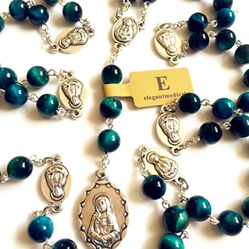 elegantmedical HANDMADE RARE Peacock buleTiger Eye Jade Beads SEVEN 7 SORROWS MARY MEDAL Rosary Necklace Catholic GIFTS3