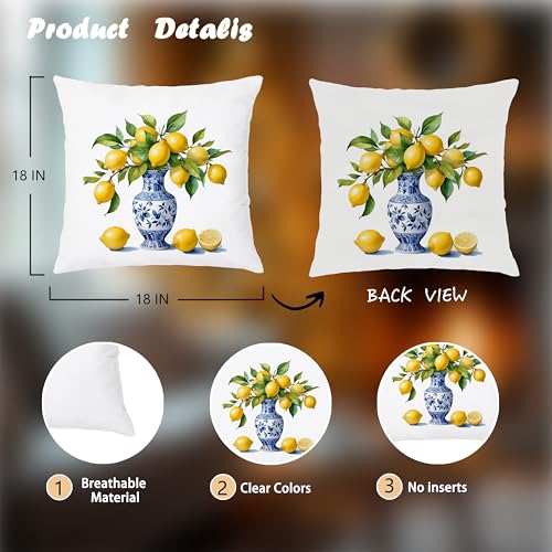 Image of Blue and White Chinoiserie Lemon Pillow Covers 18x18 Double-Sided Set of 4, Grandmillennial Amalfi Coast Citrus Decorative Throw Pillow Covers for Home Living Room Bedroom