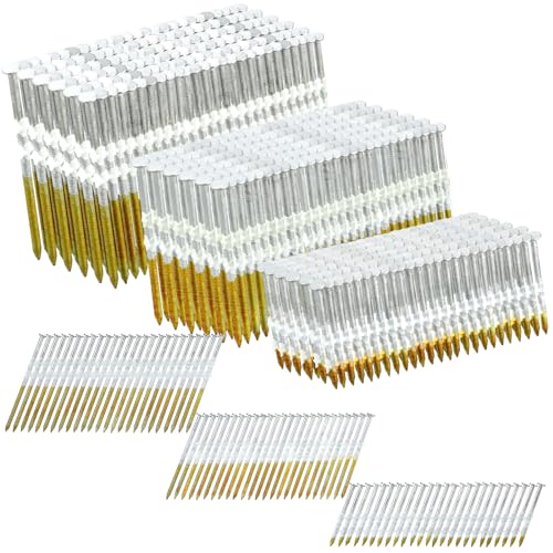 Therwen 1500 Count 21 Degree Framing Nails Ring Shank Nails for Use in All Pressure Treated Lumber, Flat D Head, Galvanized, Plastic Row Fixed (2,3,3-1/2 Inch)