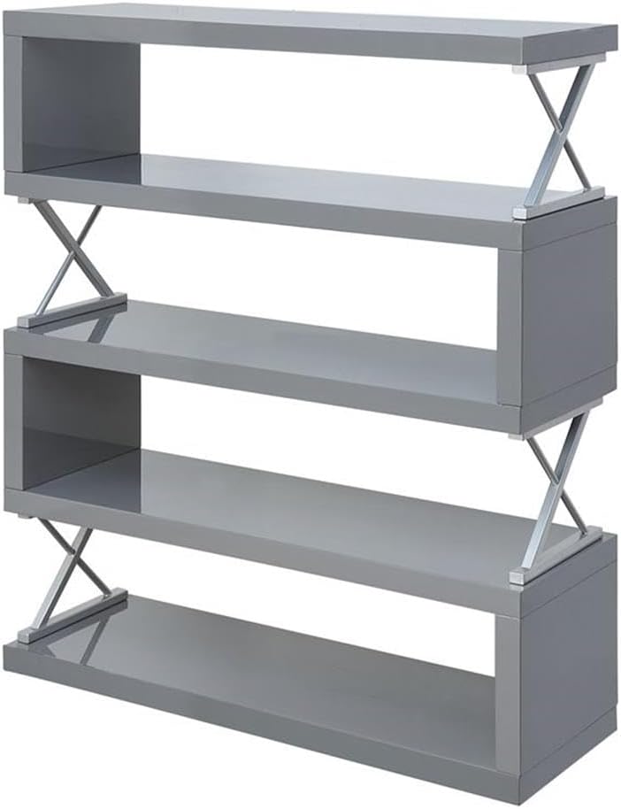 BOWERY HILL Contemporary Wood 5-Shelf Bookcase, Glossy Gray Finish, 47" Wide X-Supports, MDF and Steel Construction, Open Space Concept, Office or Indoor Storage Solution