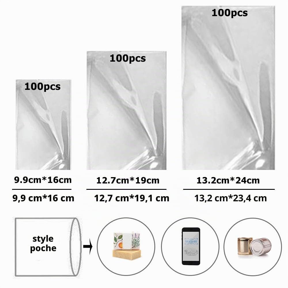 300 pcs Thermorétractable Sacs D'emballage, CNYMANY 9,9x16 12,7x19 13,2x24 cm Effacer Chaud Film rétractable De Chaleur pour Fait Maison Projet de Bricolage Emballage Savon Bougie Pot Bombe Cadeau