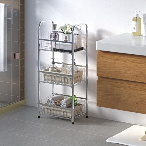 Stainless Steel Freestanding Open Shelf, 3-Tier Bathroom Organizer Shelves Unit With Adjustable Feet, Metal Steel Storage Tower Organizer Rack Basket Cart For Bathroom, Living Room, Balcony, Kitchen #TOP3
