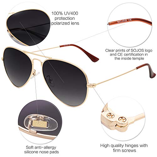 SOJOS Classic Aviator Polarized Sunglasses for Men Women Vintage Retro Style,Gold/Gradient Grey,62mm4