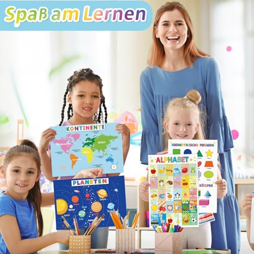COCHIE 12 Pädagogische Montessori Lernposter A4, Alphabet Zahlen Poster für Kinder Vorschule Grundschule, Bilder Kinderzimmer Klassenzimmer Deko Jungen Mädchen