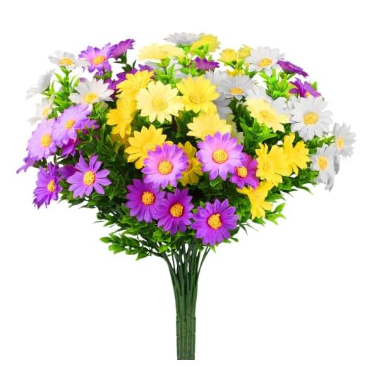 Linkstyle 6 Bundles Daisies Artificial Flowers, Colorful Cemetery Flower Fake Daisy Plants Faux Plastic Memorial Bouquet for Grave Hanging Window Box Home Table Centerpieces Decor, Multi-Color