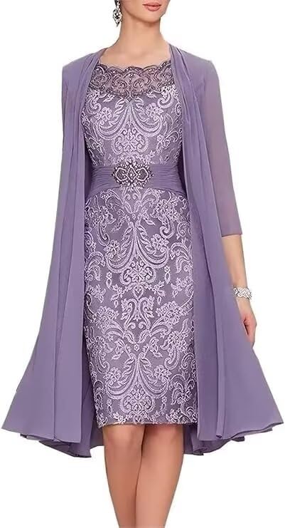2 Pieces Mother of The Bride Dresses with Jacket Chiffon Lace Formal Evening Dresses HND002