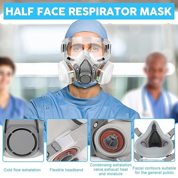 Image of TRENDING Respirator Mask Kit with Anti-Fog Goggle, Filters & Cotton Filters, Reusable Chemicals Respirator Gas Mask for Painting, Gas, Dust, Weld, Organic Vapors, Epoxy Resin
