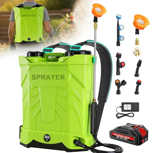 Battery Powered Backpack Sprayer 5.3 Gallon Electric Garden Sprayer with 100 PSI Adjustable Pressure Rechargeable 21V 2.6Ah Battery 8 Nozzles (Includes Telescopic Wand) for Lawn Yard Garden