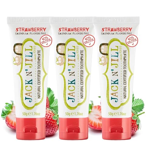 Jack N’ Jill Natural Certified Kids Toothpaste – Fluoride-Free Toddler & Baby Toothpaste with 40% Xylitol, No Sugar, Suitable from 6 Months+, Organic Strawberry Flavour, Pack of 3 (50g Each)