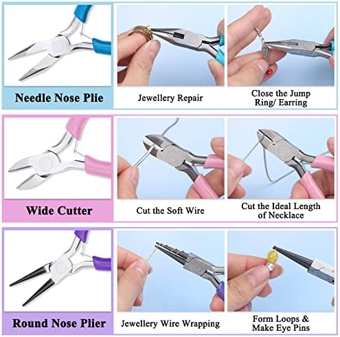 Modacraft 5 PCS Jewellery Pliers Kit with Spring, Jewellery Making Plier Set with Needle Nose Plier, Round Nose Plier, Bent Nose Plier, Wire Cutter, DIY Plire Jewellery Making Kit for Girls
