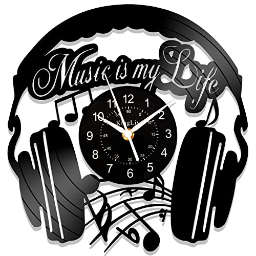 Kinglive Music Headphones Decor Wall, Musical Vinyl Record Clock, Birthday Gifts For Music Lovers, Vintage Wall Clocks Battery Operated, 12 Inch Black Musical Note Clock For Music Room Bedroom #TOP14