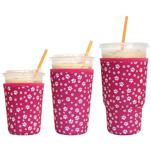 Image of 3 Pack Reusable Iced Coffee Sleeves - Xumbtvs Insulator Sleeve for Cold Beverages, Neoprene Coffee Cup Holder (Pink paw)