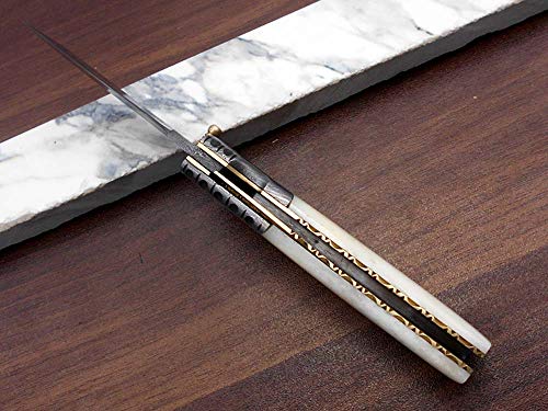 Damascus Steel Tanto Blade Folding Knife, Natural Camel Bone Scale With Damascus Bolster, Cow Hide Leather Sheath With Belt Loop, Equipped With Thumb Knob & Liner Lock (Camel Bone) #TOP3