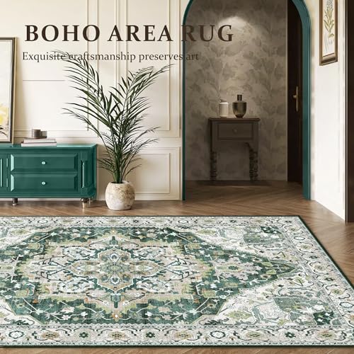 Green Boho Area Rug 6x9 Washable Large Vintage Rug for Living Room Bedroom Office Kitchen Entrance Dining Room Non Slip Soft Low-Pile Farmhouse, Green/Multi