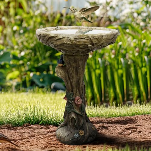 Image of SunJet 25.5 Inch Heigh Wood-Look Concrete Bird Bath with Decorative Faux Bird - birdbath Rustic & Long-Lasting Design, Enhances Garden, Patio, Yard, Lawn Decor