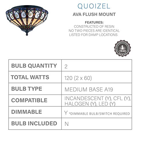 Quoizel Tfav1714Vb Ava Tiffany Flush Mount Ceiling Lighting, 2-Light, 120 Watts, Vintage Bronze (9" H X 14" W) #TOP2