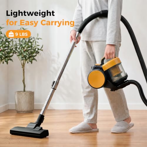 Image of NEWBULIG Canister Vacuum Cleaners for Home, Bagless Vacuum Cleaner, Yellow | 850W 16Kpa Suction, 12.14 ft Retractable Cord, Washable HEPA, 1.8L Large Dust Cup for Hard Floor & Carpet